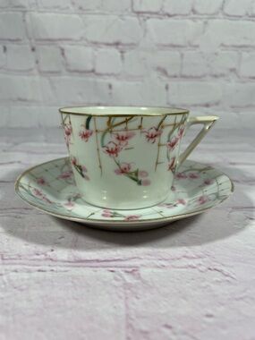 Vintage Nippon Hand Painted Pink Floral Porcelain Teacup and Saucer Set